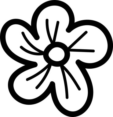 Kalın siyah çizgileri ve dairesel merkezi olan beş yapraklı bir çiçek. Yapraklar düz kıvrımlar ve basit vuruşlarla çizilmiş. Çizgi film vektör illüstrasyonu.