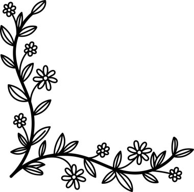 Çiçek ve yaprakların sanat tarzında yapıldığı dekoratif bir köşe kenarı. Çiçekler ve yapraklar zarif bir çerçeve oluşturur. Çizgi film vektör illüstrasyonu
