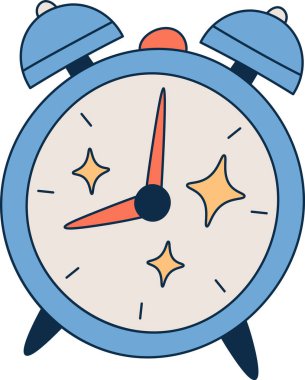 İki çan ve oyuncu bir şekilde çizilmiş eski moda bir çalar saat. Eski zaman diliminde parlak elementlerle tuhaf bir tasarım var. Çizgi film vektör illüstrasyonu.