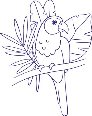 Bir papağan, geniş tropikal yapraklı bir dala tünemiş ve düzgün çizim tarzında. Kuş doğal habitatını vurgulayarak yeşilliklerle çevrilidir. Çizgi film vektör illüstrasyonu.