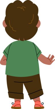 Çocuk arkasını dönmüş, çizgi film tarzında günlük kıyafetler giyiyor. Arkadan tasvir edilen çocuk rahat giyinmiş, neşeli bir duruşu var. Çizgi film vektör illüstrasyonu.