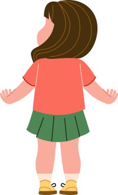 Kısa saçlı bir kız çizgi film tarzında arkadan ayakta duruyor. Karakter bir etek ve gömlek giyer, yüzünü seyirciden uzaklaştırır. Çizgi film vektör illüstrasyonu.
