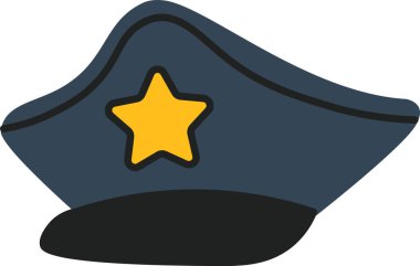 Düz çizim tarzında öne çıkan bir yıldız amblemi içeren bir polis şapkası. Şapka kalın çizgiler ve basit bir tasarımla tasvir edilmiştir. Çizgi film vektör illüstrasyonu.