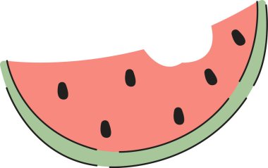 Düz bir şekilde çizilmiş, ısırılmış bir karpuz dilimi. Meyvede tohumlar ve komik bir çizgi film tarzında yeşil bir kabuk yer alıyor. Çizgi film vektör illüstrasyonu.