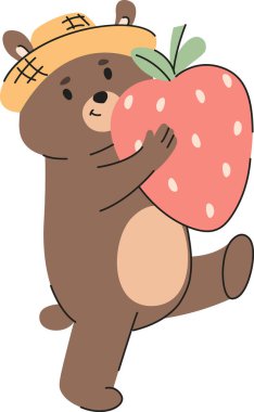 Şapkalı neşeli bir ayı neşeli bir çizgi film tarzında büyük bir çilek tutar. Ayı yürürken neşeyle meyveyi dengeler. Çizgi film vektör illüstrasyonu.