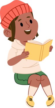 Genç bir çocuk, neşeli bir çizgi film tarzıyla çizilmiş bir kitap okuyarak mutlu bir şekilde oturur. Çocuk bir bere takıyor ve şort giyiyor, neşeli bir ifadeyle hikayenin tadını çıkarıyor. Çizgi film vektör illüstrasyonu.