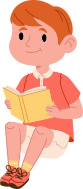 Kızıl saçlı genç bir çocuk çizgi film tarzında açık bir kitap tutarak bacak bacak üstüne atmış oturuyor. Çocuk okumakla meşgul, günlük kıyafetler giyiyor ve gülümsüyor. Çizgi film vektör illüstrasyonu.