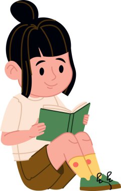 Bacak bacak üstüne atmış bir çocuk çizgi film tarzında kitap okuyor. Genç okuyucu günlük giysiler giyer ve sayfalara dikkatle odaklanır. Çizgi film vektör illüstrasyonu.