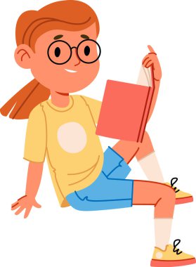 Gözlüklü genç bir kız rastgele elinde çizgi film tarzında çizilmiş bir kitapla oturuyor. Karakter gündelik giysiler giyer ve kitabının keyfini çıkarırken rahat görünür. Çizgi film vektör illüstrasyonu.