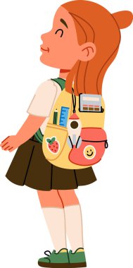 Çizgi film tarzında okul malzemeleriyle dolu bir sırt çantası olan genç bir kız. Öğrenci, neşeli bir şekilde tasvir edilmiş çeşitli eşyaları çantasında taşıyor. Çizgi film vektör illüstrasyonu.