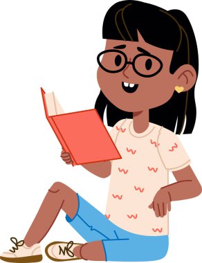 Gözlüklü genç bir kız bacak bacak üstüne atarak oturur ve neşeli bir tarzda kitap okur. Çocuk onun hikayesinin tadını çıkarırken günlük kıyafetler giyer ve gülümser. Çizgi film vektör illüstrasyonu.
