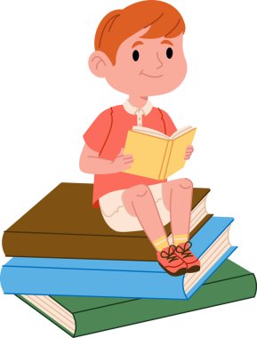 Genç bir çocuk büyük bir kitap yığınının üzerinde oturuyor, okumaya dalmış. Çocuk içerik ifadesiyle kitapların üzerine tünemiştir. Çizgi film vektör illüstrasyonu.