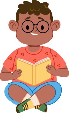 Gözlüklü genç bir çocuk bacak bacak üstüne atmış, elinde açık bir kitapla oyuncu bir çizgi film tarzında oturuyor. Çocuk desenli bir gömlek giyiyor ve okurken gülümsüyor. Çizgi film vektör illüstrasyonu.
