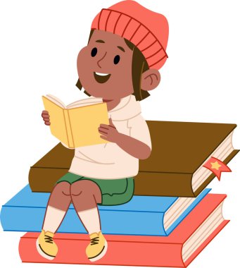 Küçük çocuk büyük istiflenmiş kitapların üzerinde mutlu bir şekilde oturur, neşeli bir çizgi film tarzında neşeyle okur. Bereli ve şortlu çocuk, büyük hacimli kitaplardan hoşlanıyor. Çizgi film vektör illüstrasyonu.