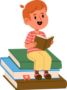 Küçük bir çocuk büyük bir kitap yığınının üzerinde mutlu bir şekilde oturur ve eğlenceli bir çizgi film tarzıyla ilgilenir. Çocuk renkli ciltlere tünemiş bir hikayenin tadını çıkarıyor. Çizgi film vektör illüstrasyonu.
