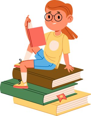 Gözlüklü genç bir kız büyük bir kitap yığınının üzerinde oturur, neşeli bir çizgi film tarzında kitap okur. O, yığının üzerinde tünediği sırada kitabıyla neşeyle meşgul olarak tasvir edilir. Çizgi film vektör illüstrasyonu.