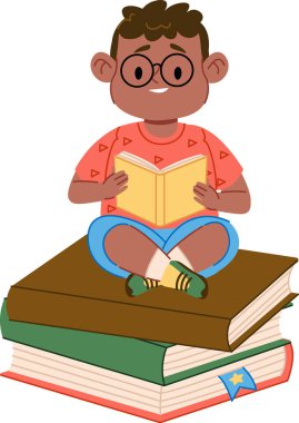 Gözlüklü çocuk büyük kitaplarda çapraz oturur, neşeli bir çizgi film tarzında okur. Çocuk büyük bir kitap yığınının tepesinde mutlu bir şekilde gülümseyen bir kitaptan hoşlanıyor. Çizgi film vektör illüstrasyonu.