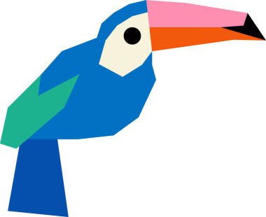 Geometrik tarzda katmanlı kağıt şekillerinden yapılmış bir tukan. Kuşlar açısal parçalardan oluşur ve modern bir görünüm oluştururlar. Çizgi film vektör illüstrasyonu.