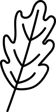 Kalın çizgileri ve pürüzsüz kıvrımları olan bir meşe yaprağı. İllüstrasyon, basit çizgiler kullanarak tek bir yaprağın özünü yakalıyor. Çizgi film vektör illüstrasyonu.