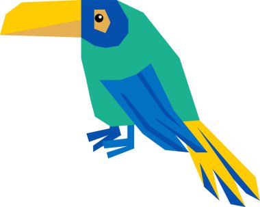 Geometrik şekilleri ve keskin kenarları olan kağıt kesiği şeklinde yapılmış bir tukan. Kuş açısal desenlere ve katmanlı bir görüntüye sahiptir. Çizgi film vektör illüstrasyonu.