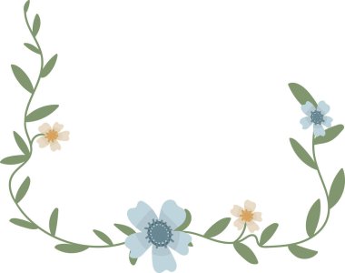 Çizgi film tarzında narin çiçekli bir çiçek sarmaşığı. Yapraklar ve çiçekler kavisli gövde boyunca zarafetle sarmalanır. Çizgi film vektör illüstrasyonu.