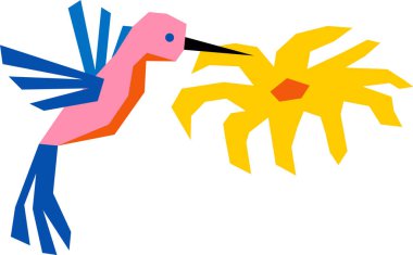 Kağıt kesiğinden yapılan bir sinekkuşu, bir çiçeğin yanında geometrik bir şekilde asılı durur. Kuş ve çiçek açısal biçimler ve keskin çizgilerle betimlenir. Çizgi film vektör illüstrasyonu.