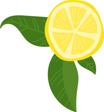 Detaylı dilimleri ve düz yeşil yaprakları olan bir limon dilimi. Citrus meyvesi canlı yapraklar ve geometrik şekillerle betimlenir. Çizgi film vektör illüstrasyonu.