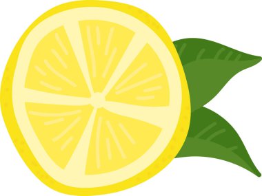 Dilimlenmiş limon ve iki yeşil yaprak. Turunçgiller kalın çizgiler ve basit şekillerle betimlenir. Çizgi film vektör illüstrasyonu.