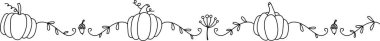 Balkabakları ve sarmaşıklar el çizimi bir dekoratif sınır oluşturur. Kabak ve yapraklar ince girdaplarla süslü bir çizgi oluşturur. Çizgi film vektör illüstrasyonu.