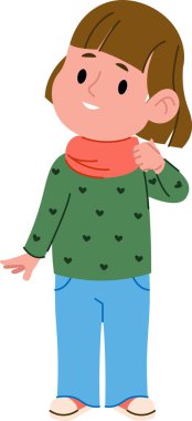 Çizgi film tarzında kalp desenli süveter ve eşarp giyen bir çocuk. Genç figür dostane bir ifade ve günlük kıyafetle ayakta duruyor. Çizgi film vektör illüstrasyonu.