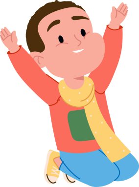 Eşarplı neşeli bir çocuk çizgi film tarzında mutlu bir şekilde zıplıyor. Çocukların kolları heyecan içinde, gündelik kıyafetler giyerek büyür. Çizgi film vektör illüstrasyonu.