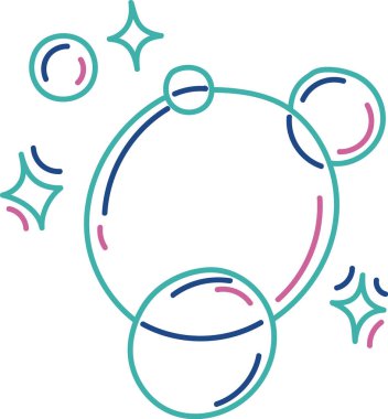 Değişik boyutlarda baloncuklar, yıldız şeklinde parıltılar, temiz bir çizgi şeklinde. Dairesel formlar ve parıldayan yıldızlar neşeli bir kompozisyon oluşturur. Çizgi film vektör illüstrasyonu.