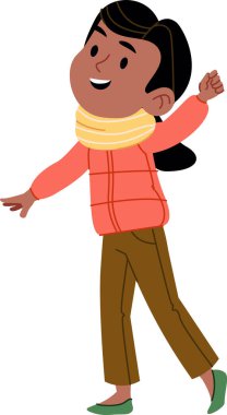 Kabarık ceketli ve atkılı gülümseyen bir çocuk çizgi film tarzında kaldırılmış bir kolla yürüyor. Günlük pantolon ve ayakkabı giyen çocuk neşeli ve hareketli görünüyor. Çizgi film vektör illüstrasyonu.