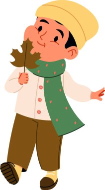 Samimi giyinmiş bir çocuk çizgi film tarzında neşeli bir ifadeyle bir yaprak tutar. Çocuk eşarp ve şapka takıyor, sonbahar havasının tadını çıkarıyor. Çizgi film vektör illüstrasyonu.
