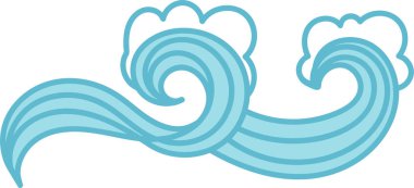 Kabarık bulutlu kavisli okyanus dalgaları pürüzsüz bir vektör tarzında. Akan su yumuşak bulut şekillerinin altında dinamik bir girdap oluşturur. Çizgi film vektör illüstrasyonu.