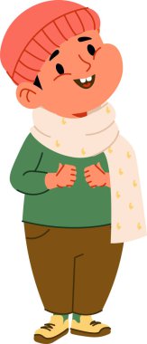 Çizgi film tarzında bere, eşarp ve süveter giyen neşeli bir çocuk. Çocuk soğuk hava için şapkası ve sıcak giysileriyle mutlu bir şekilde giyinmiş. Çizgi film vektör illüstrasyonu.