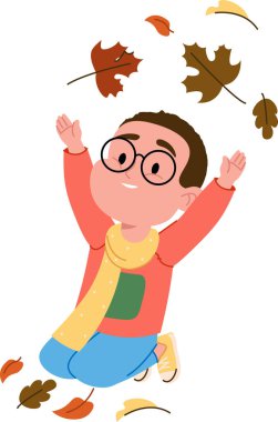 Gözlüklü bir çocuk neşeyle yaprakları çizgi film tarzında atar. Eşarplı ve gözlüklü genç bir çocuk, düşen yaprakların arasında heyecanla zıplıyor. Çizgi film vektör illüstrasyonu.