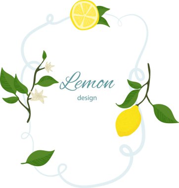 Çiçekli limon dalları çizgi film tarzında dekoratif bir çerçeve oluşturur. Çiçek elementleri ve narenciye meyveleri sanatsal bir sınır düzenlemesi oluşturur. Çizgi film vektör illüstrasyonu.