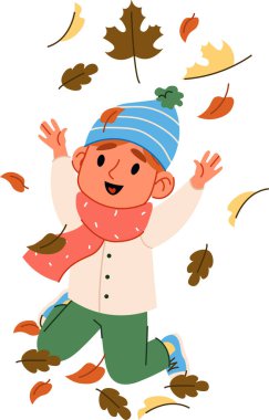 Bereli ve eşarplı bir çocuk çizgi film tarzında yaprakların arasında neşeyle zıplıyor. Resimde, sonbahar mevsiminde dağınık yapraklarla eğlenen bir çocuk resmediliyor. Çizgi film vektör illüstrasyonu.