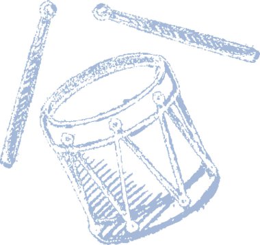 Yarım yamalak iki çubuklu el yapımı bir davul. İllüstrasyon, perküsyon enstrümanlarını dokulu çizgiler ve gölgeleme ile tasvir ediyor. Çizgi film vektör illüstrasyonu.