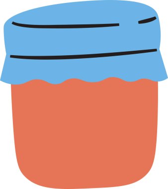 Düz ve kalın kapaklı bir kavanoz. Konteynır, üzerinde kumaş kapağı olan pürüzsüz bir yüzeye sahiptir. Çizgi film vektör illüstrasyonu.