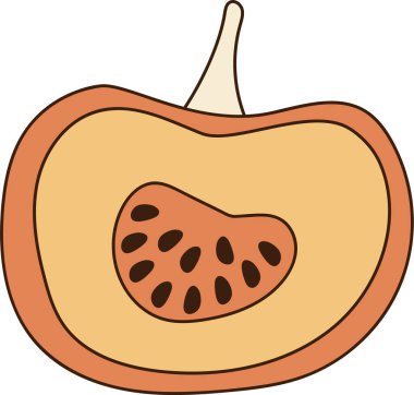 Dilimlenmiş bir balkabağı düz çizgi film tarzında tohumları gösteriyor. Kesik kısmı iç dokuyu ve tohum düzenini ortaya çıkarıyor. Çizgi film vektör illüstrasyonu.