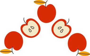 Tohumları ve yaprakları eğlenceli bir şekilde çizilmiş elmalar. Meyve, eğlenceli görünümlü simetrik bir düzende dizilmiş. Çizgi film vektör illüstrasyonu.