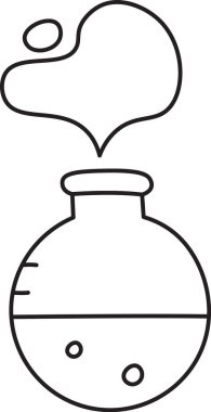 Üzerinde karalama tarzı kalp şeklinde bir buhar olan el yapımı bir kimya şişesi. Taslak, tuhaf bir kalp bulutu yayan yuvarlak dipli bir şişe tasvir ediyor. Çizgi film vektör illüstrasyonu.