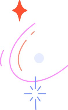 Eğri çizgiler ve şekiller bir yıldız elementi ile soyut bir tasarım oluşturur. Geometrik elementler kıvılcım detaylarıyla dinamik bir kompozisyon oluştururlar. Çizgi film vektör illüstrasyonu.