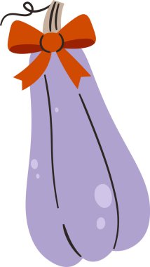 Çizgi film tarzında yayla süslenmiş stilize edilmiş bir balkabağı. Kabak, oyuncu bir çizimde bir kurdeleyle süslenir. Çizgi film vektör illüstrasyonu.