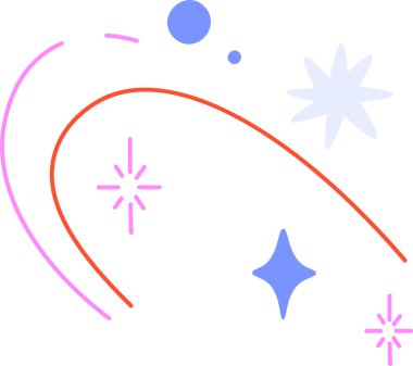 Modern tarzda eğri çizgiler ve geometrik şekiller. Yıldızlar ve daireler dinamik bir bileşim oluşturur. Çizgi film vektör illüstrasyonu.