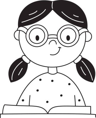 Gözlüklü kız çizgi film tarzında bir masada kitap okuyor. Gözlüklü genç bir kadın oyuncu bir sanat formunda bir kitaba odaklanmış. Çizgi film vektör illüstrasyonu