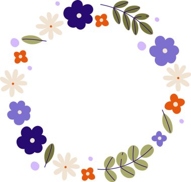 Çizgi film tarzında dairesel çiçek ve yapraklar. Çiçekler ve yapraklar dekoratif bir halka oluşturur. Çizgi film vektör illüstrasyonu.