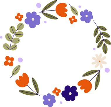 Çiçeklerin ve yaprakların neşeli bir çizgi film tarzında dairesel bir düzeni. Çelenk çeşitli çiçek ve yaprakları içerir. Çekici, el çizimi bir görünüş. Çizgi film vektör illüstrasyonu.